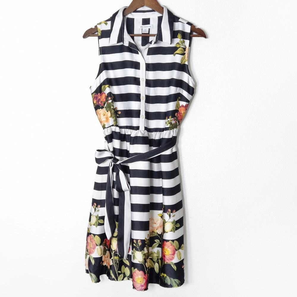Liz Claiborne Shirt Dress Size 14 Black Striped Floral Collared Midi